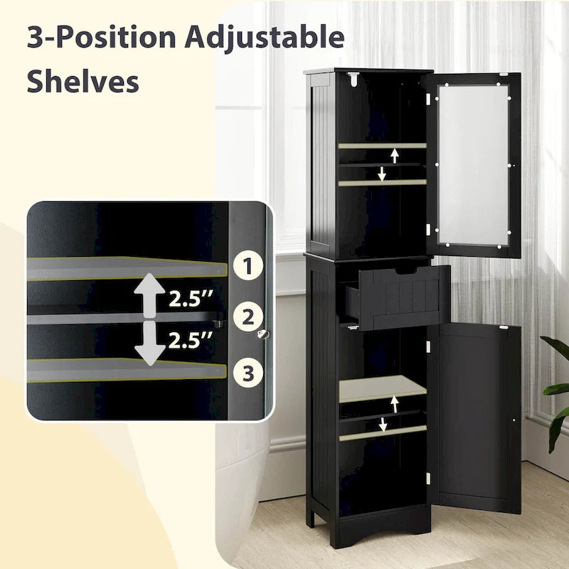 Meuble de Rangement Vertical Étroit avec Portes en Verre Givré et Tiroir Noir Gris Blanc