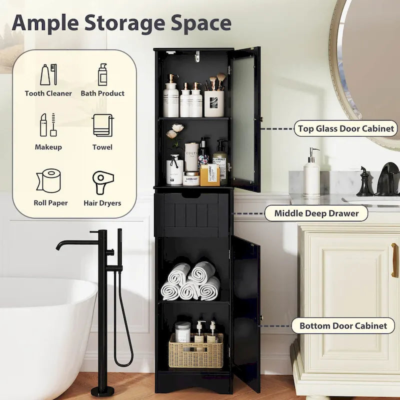 Meuble de Rangement Vertical Étroit avec Portes en Verre Givré et Tiroir Noir Gris Blanc