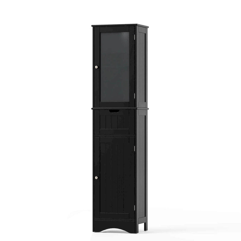 Meuble de Rangement Vertical Étroit avec Portes en Verre Givré et Tiroir Noir Gris Blanc