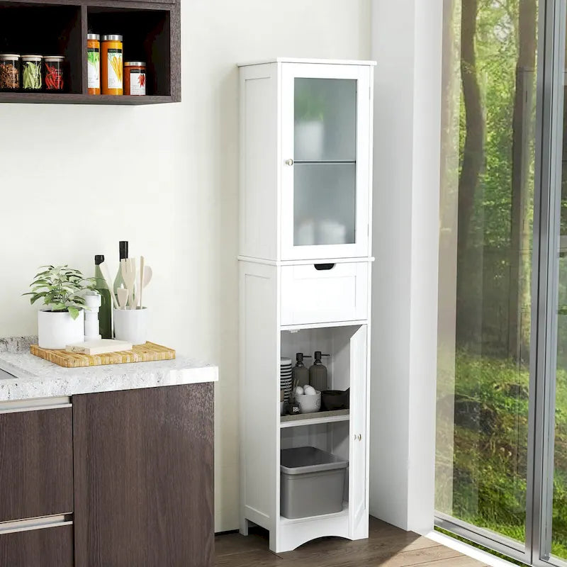 Meuble de Rangement Vertical Étroit avec Portes en Verre Givré et Tiroir Noir Gris Blanc