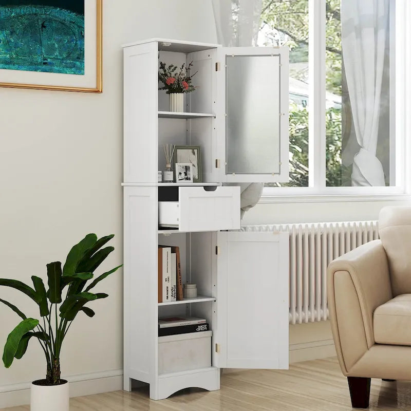 Meuble de Rangement Vertical Étroit avec Portes en Verre Givré et Tiroir Noir Gris Blanc