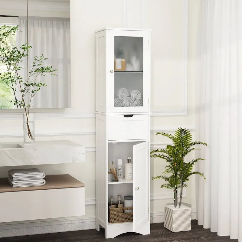 Meuble de Rangement Vertical Étroit avec Portes en Verre Givré et Tiroir Noir Gris Blanc
