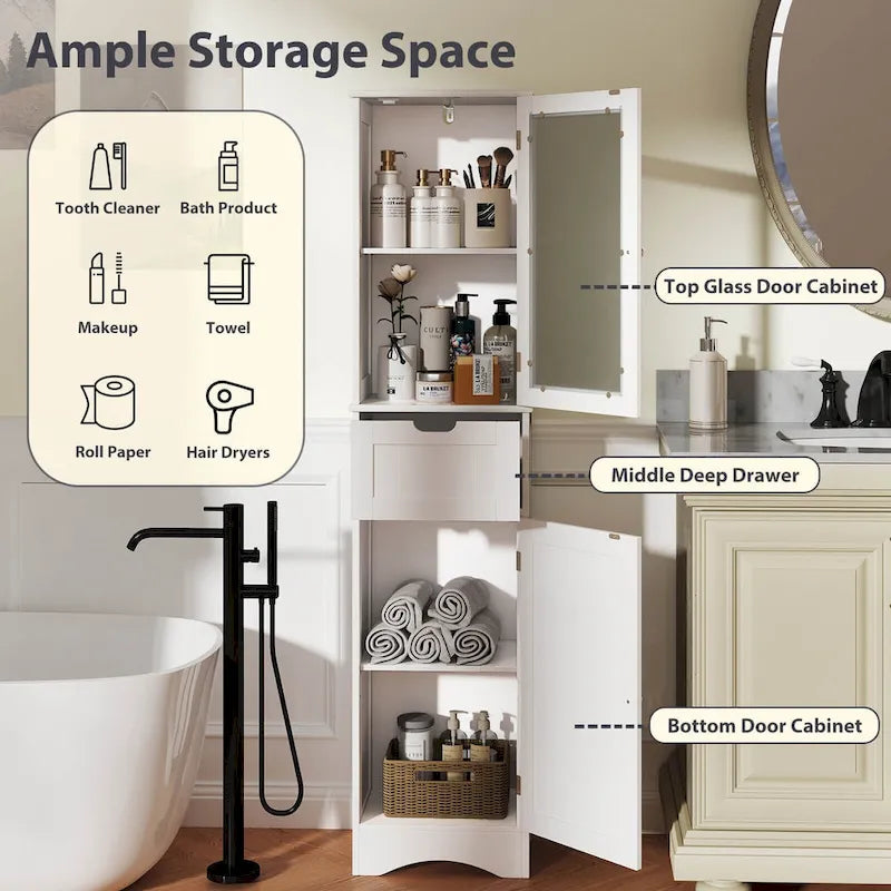 Meuble de Rangement Vertical Étroit avec Portes en Verre Givré et Tiroir Noir Gris Blanc