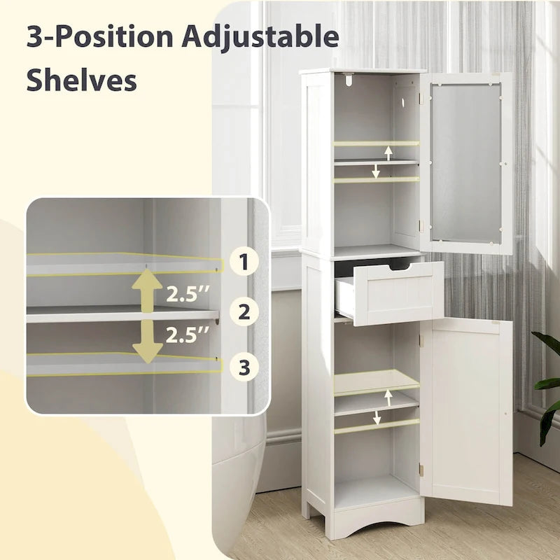 Meuble de Rangement Vertical Étroit avec Portes en Verre Givré et Tiroir Noir Gris Blanc