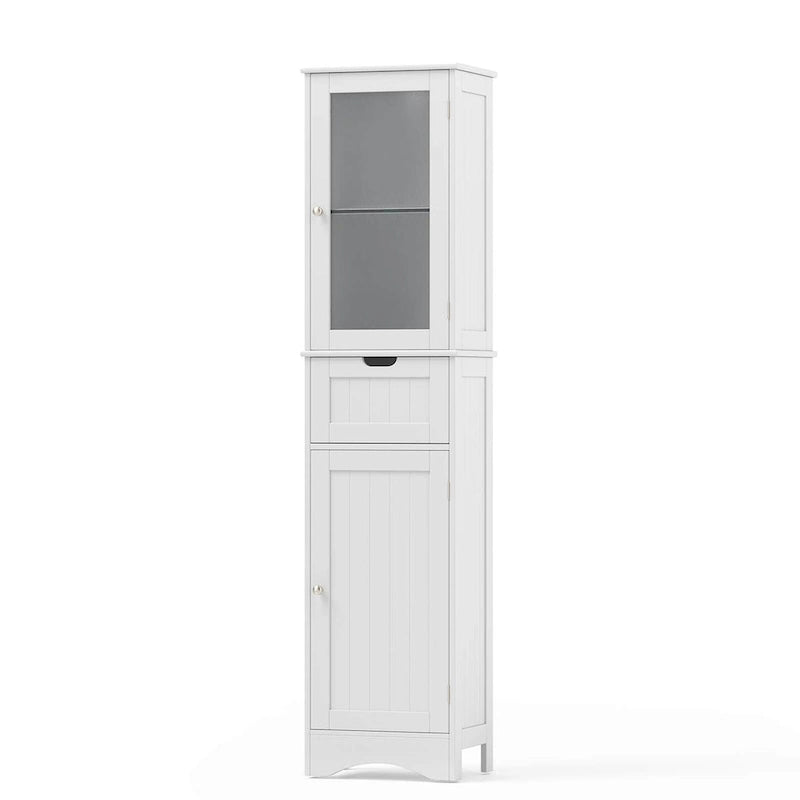 Meuble de Rangement Vertical Étroit avec Portes en Verre Givré et Tiroir Noir Gris Blanc