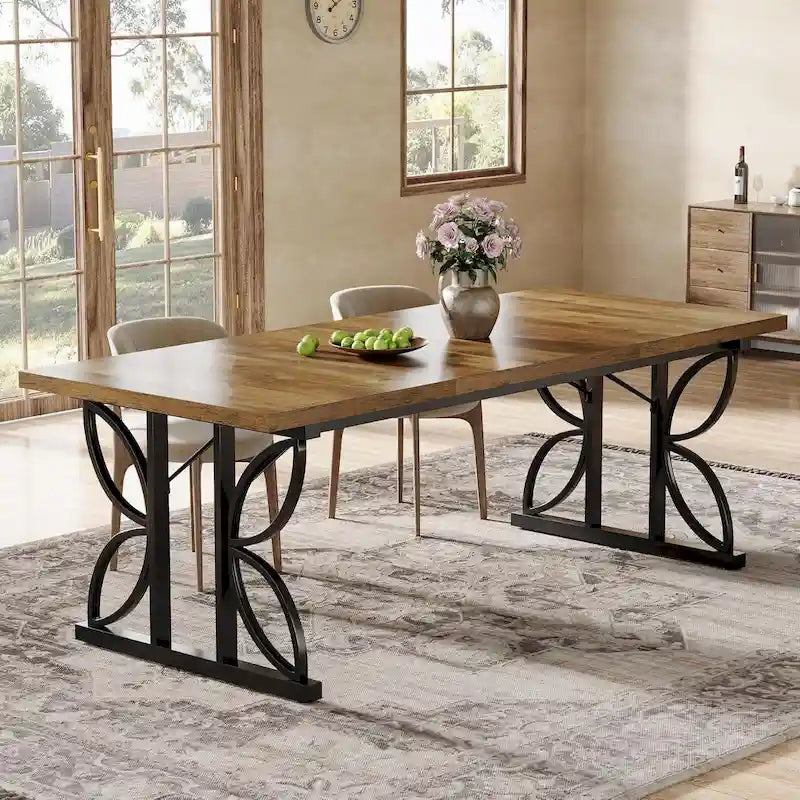 Table à manger rectangulaire de style ferme avec plateau en bois et pieds métalliques géométriques marron et noir