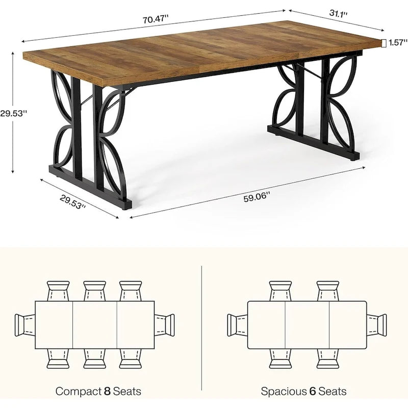 Table à manger rectangulaire de style ferme avec plateau en bois et pieds métalliques géométriques marron et noir