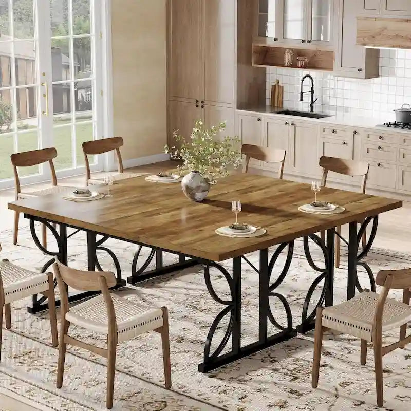 Table à manger rectangulaire de style ferme avec plateau en bois et pieds métalliques géométriques marron et noir