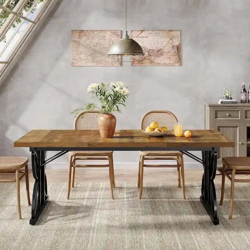 Table à manger rectangulaire de style ferme avec plateau en bois et pieds métalliques géométriques marron et noir