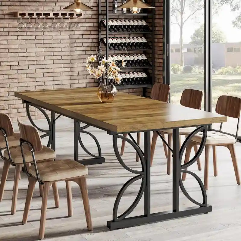 Table à manger rectangulaire de style ferme avec plateau en bois et pieds métalliques géométriques marron et noir