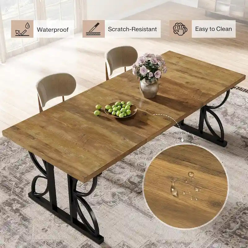 Table à manger rectangulaire de style ferme avec plateau en bois et pieds métalliques géométriques marron et noir