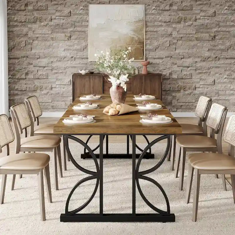 Table à manger rectangulaire de style ferme avec plateau en bois et pieds métalliques géométriques marron et noir