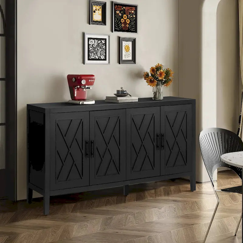 Buffet bahut en bois massif 4 portes avec motifs géométriques et finition antique