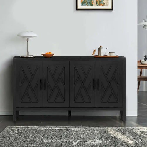 Buffet bahut en bois massif 4 portes avec motifs géométriques et finition antique