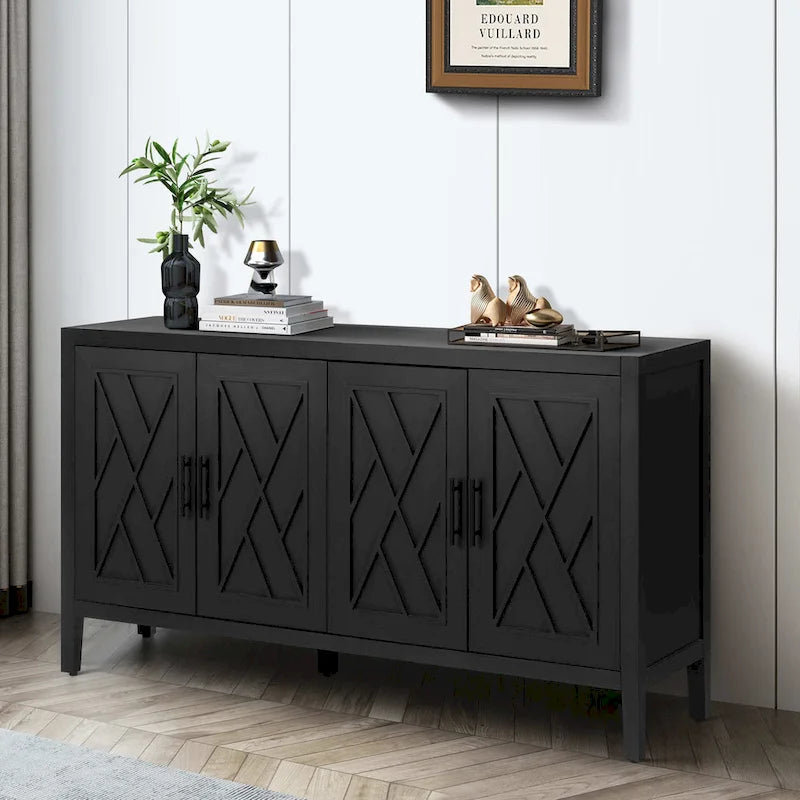 Buffet bahut en bois massif 4 portes avec motifs géométriques et finition antique