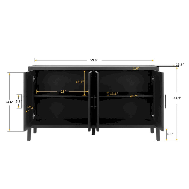 Buffet bahut en bois massif 4 portes avec motifs géométriques et finition antique
