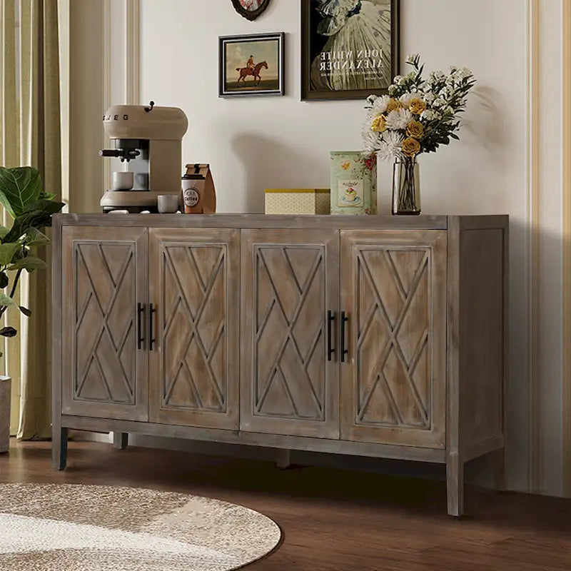 Buffet bahut en bois massif 4 portes avec motifs géométriques et finition antique
