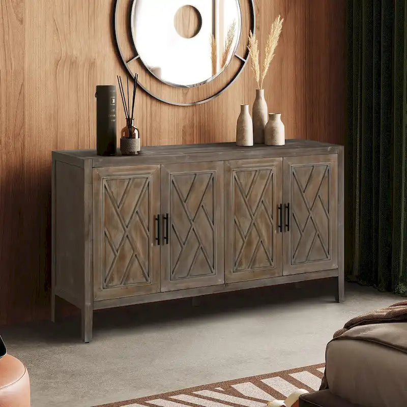 Buffet bahut en bois massif 4 portes avec motifs géométriques et finition antique