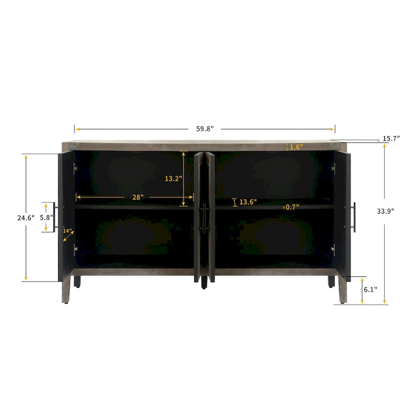 Buffet bahut en bois massif 4 portes avec motifs géométriques et finition antique