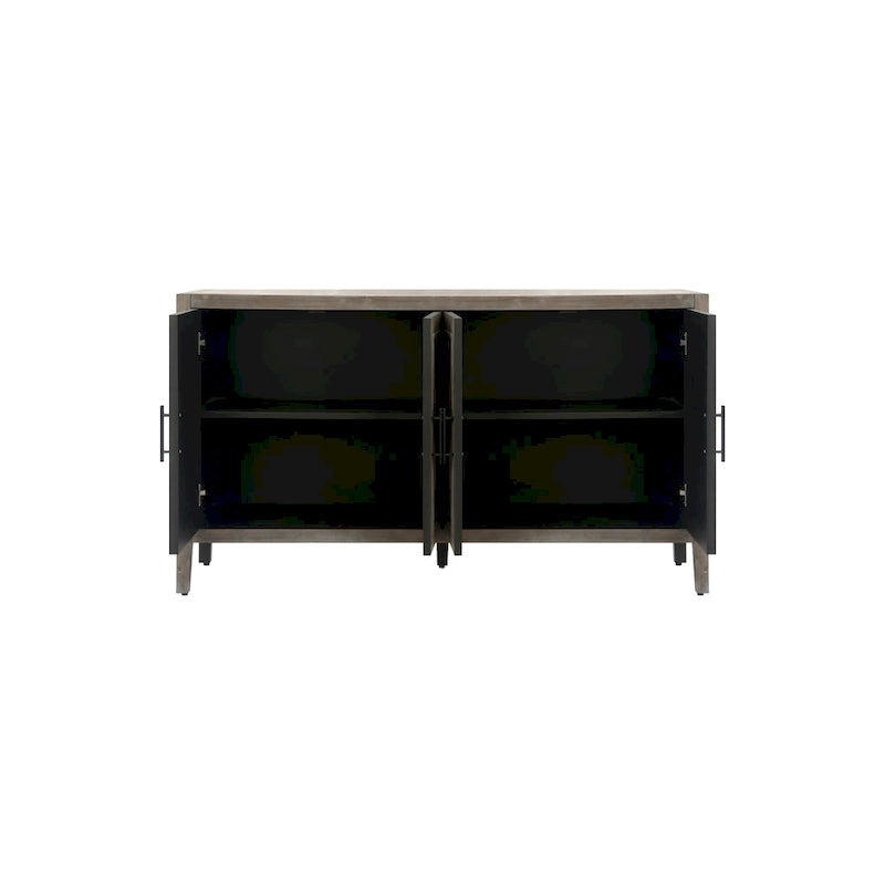 Buffet bahut en bois massif 4 portes avec motifs géométriques et finition antique