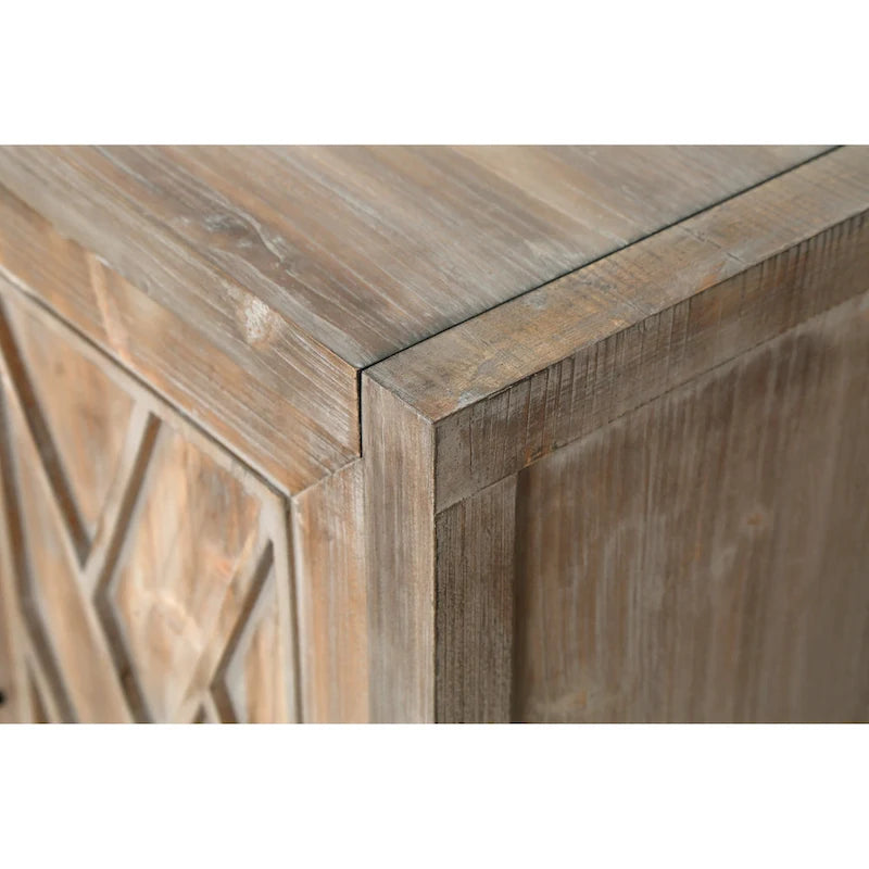 Buffet bahut en bois massif 4 portes avec motifs géométriques et finition antique
