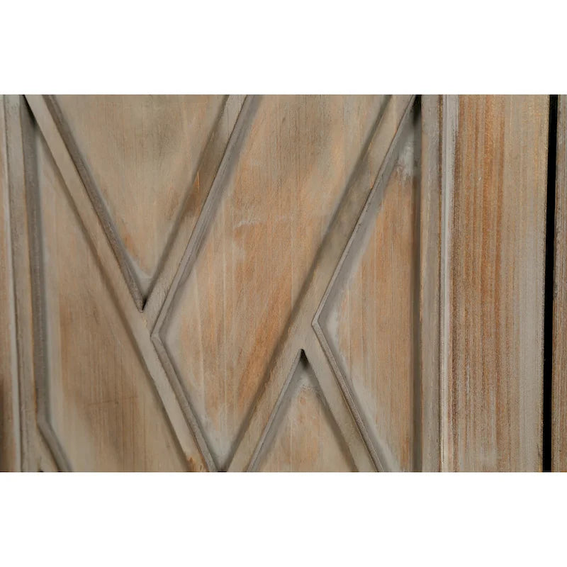 Buffet bahut en bois massif 4 portes avec motifs géométriques et finition antique