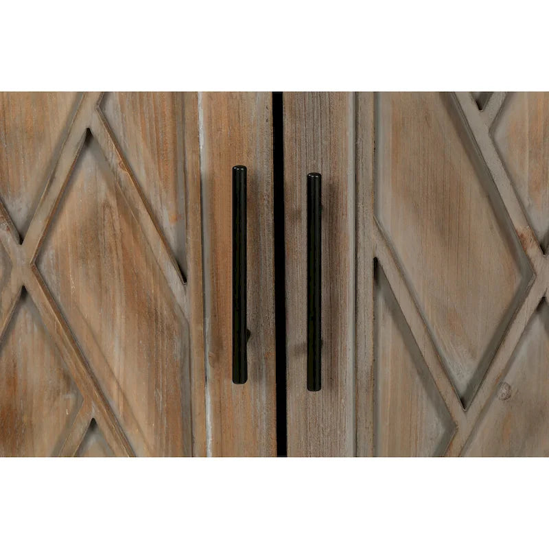 Buffet bahut en bois massif 4 portes avec motifs géométriques et finition antique