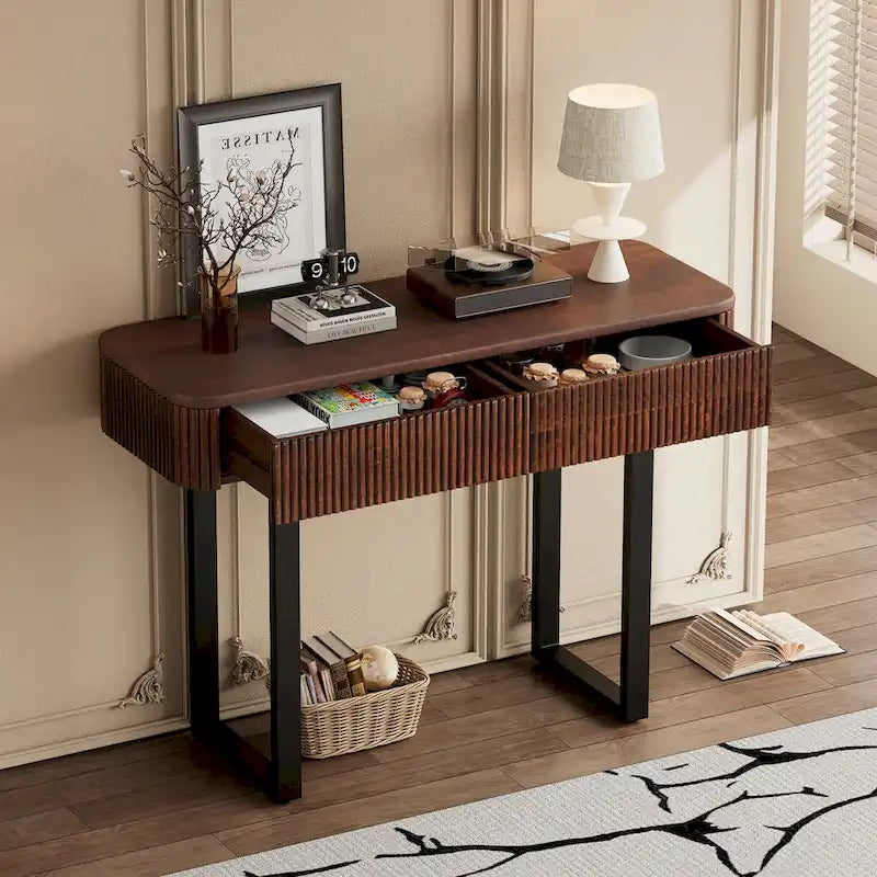 Console en bois massif cannelé avec tiroirs Brun miel Pieds noirs