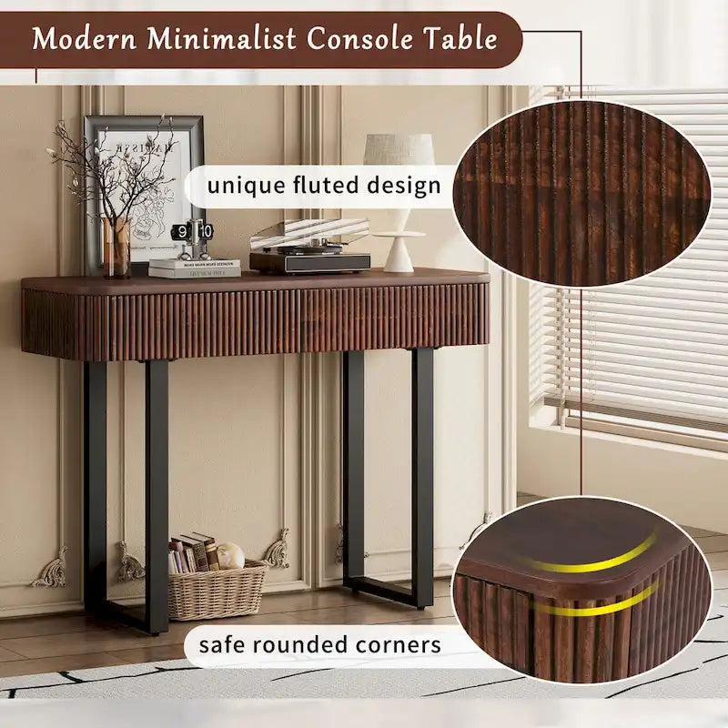 Console en bois massif cannelé avec tiroirs Brun miel Pieds noirs
