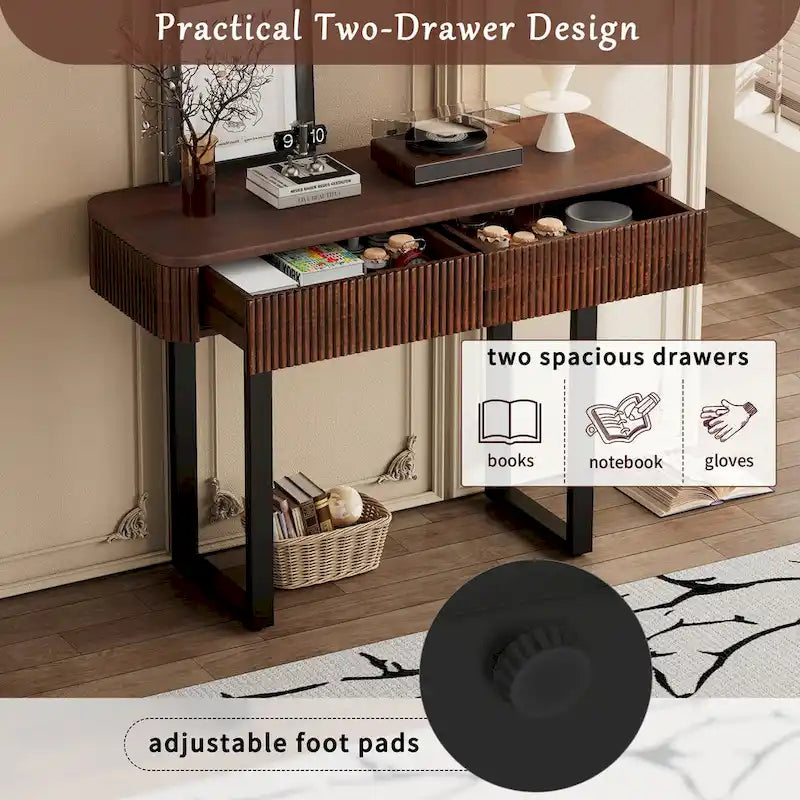 Console en bois massif cannelé avec tiroirs Brun miel Pieds noirs