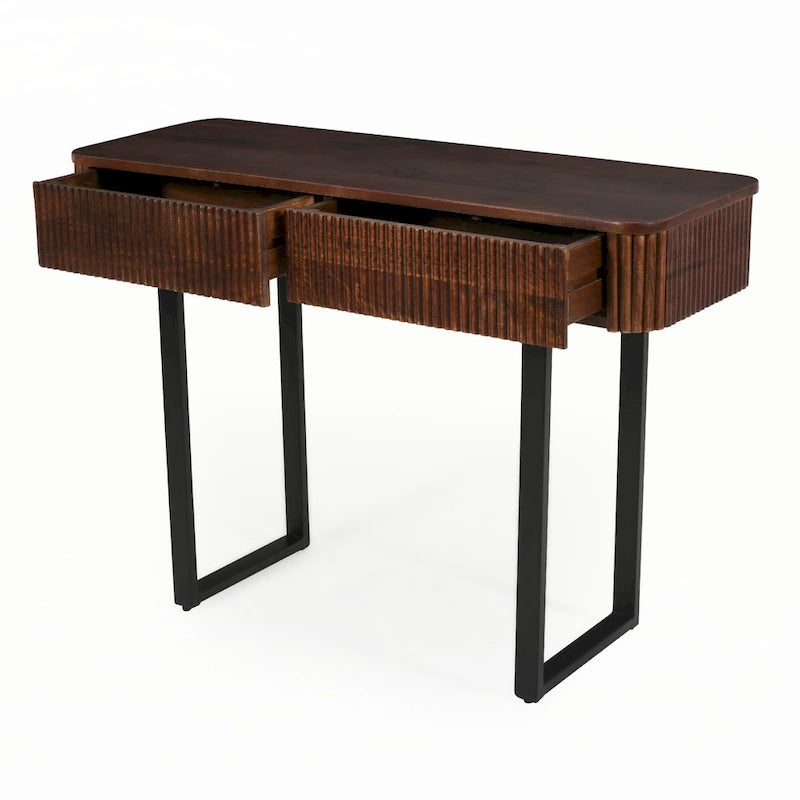 Console en bois massif cannelé avec tiroirs Brun miel Pieds noirs