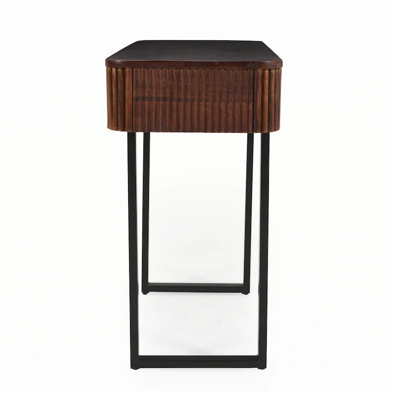 Console en bois massif cannelé avec tiroirs Brun miel Pieds noirs