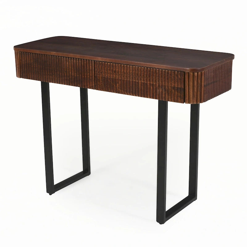 Console en bois massif cannelé avec tiroirs Brun miel Pieds noirs