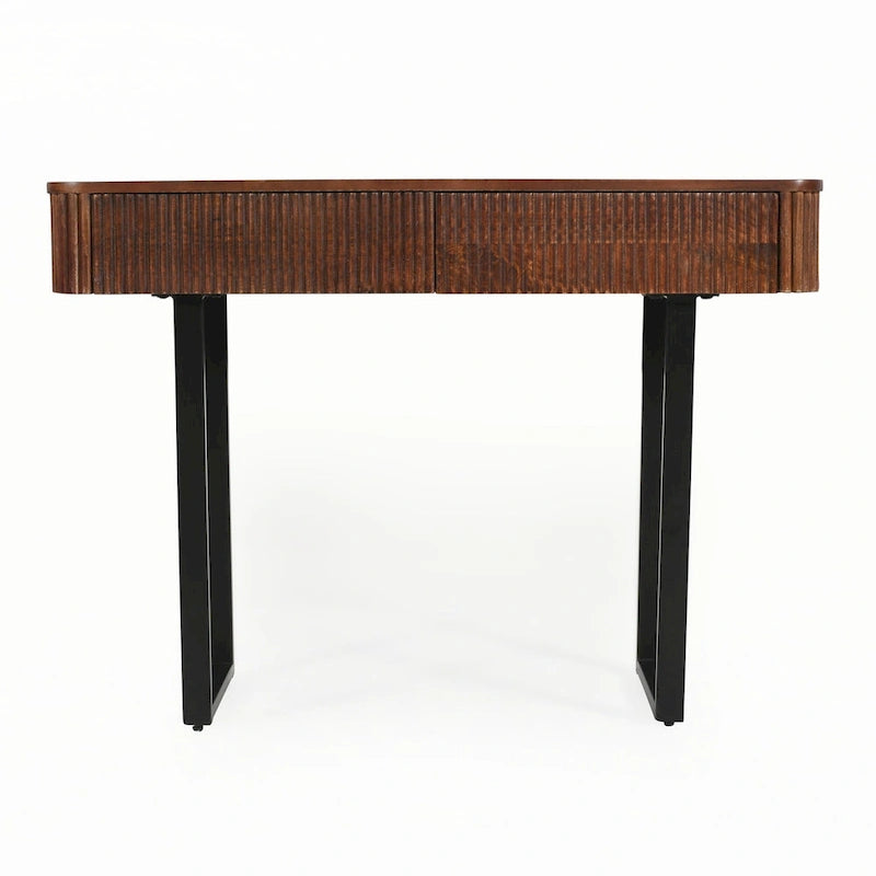 Console en bois massif cannelé avec tiroirs Brun miel Pieds noirs