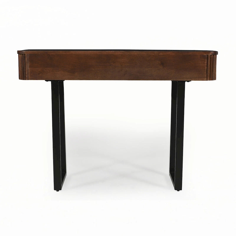 Console en bois massif cannelé avec tiroirs Brun miel Pieds noirs