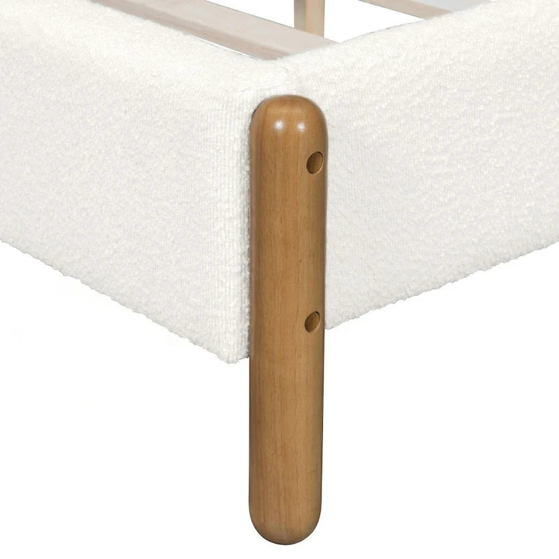 Cadre de lit Queen rembourré blanc, capitonné verticalement, pieds en bois