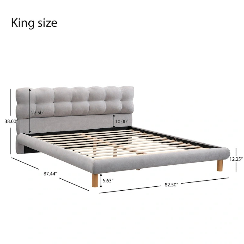 Lit plateforme en chenille grise, tête de lit capitonnée, pieds en bois, style moderne