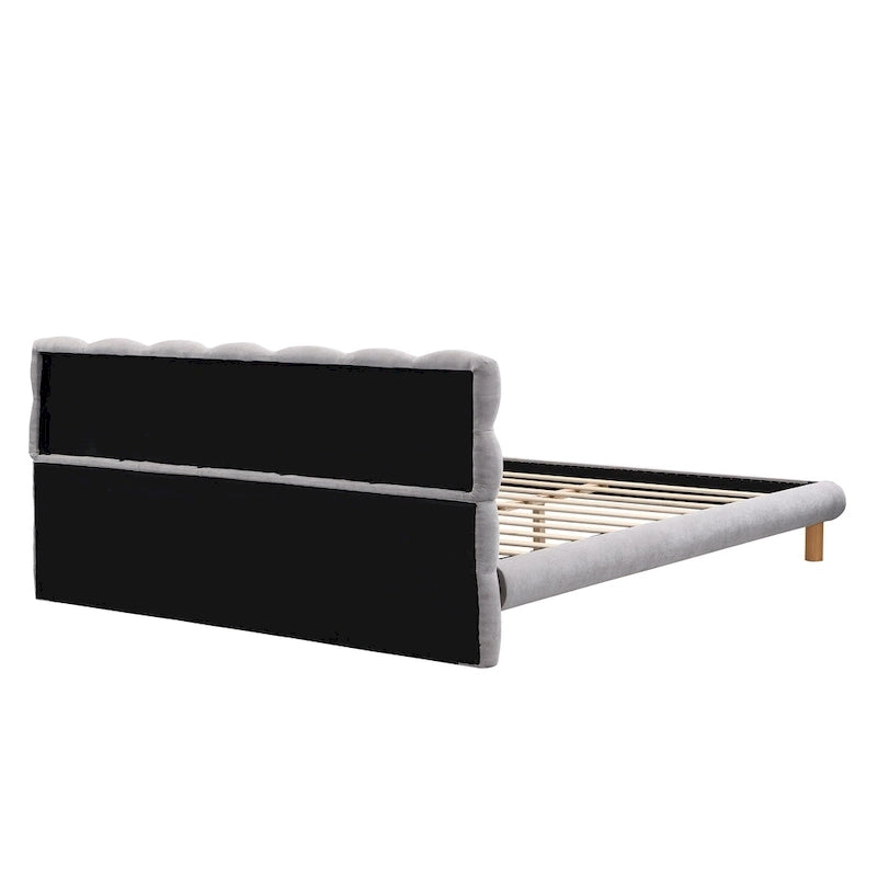 Lit plateforme en chenille grise, tête de lit capitonnée, pieds en bois, style moderne