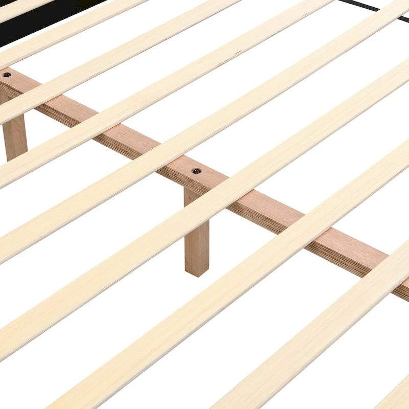 Lit plateforme en chenille grise, tête de lit capitonnée, pieds en bois, style moderne