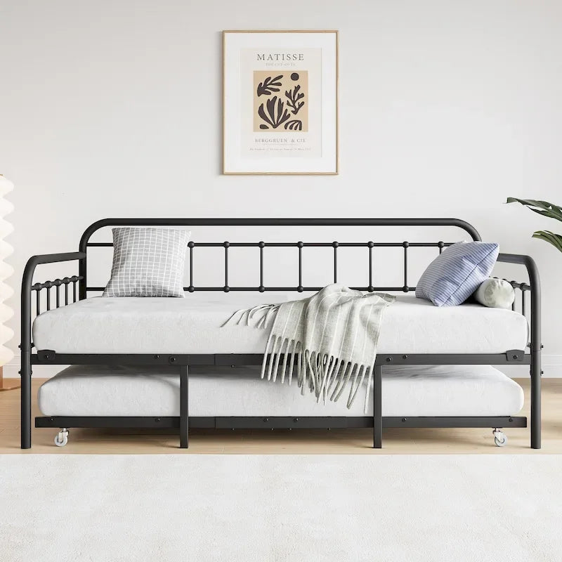 Lit de repos en métal noir avec lit gigogne escamotable et support à lattes en acier