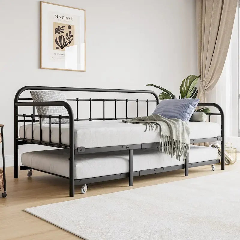 Lit de repos en métal noir avec lit gigogne escamotable et support à lattes en acier