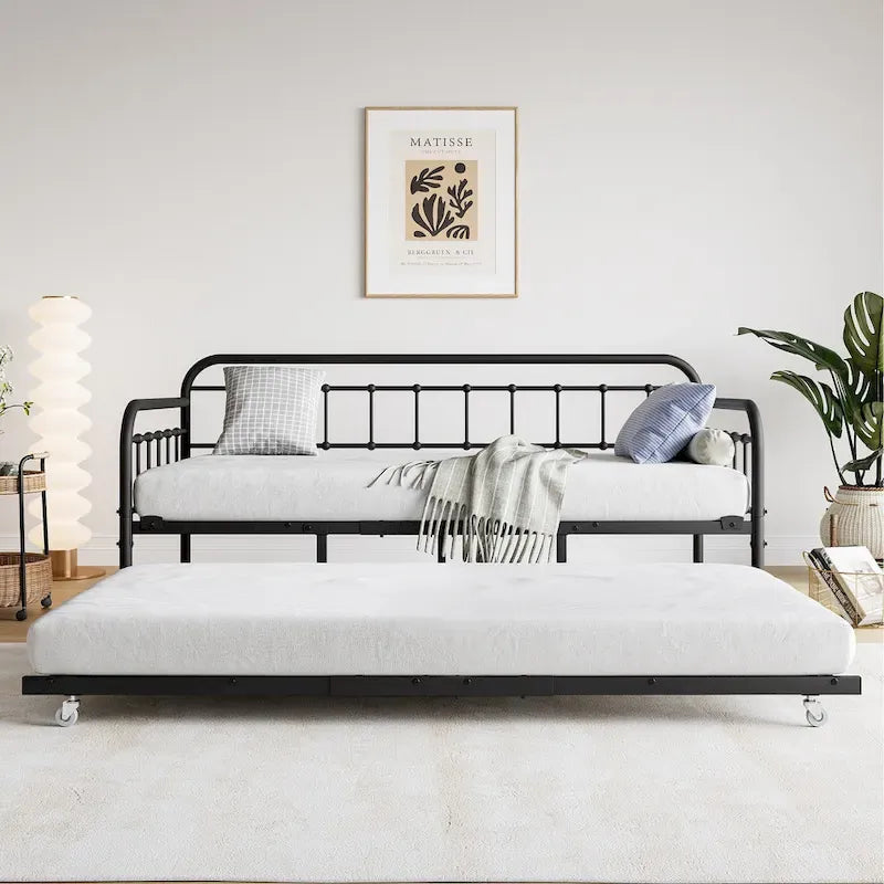 Lit de repos en métal noir avec lit gigogne escamotable et support à lattes en acier