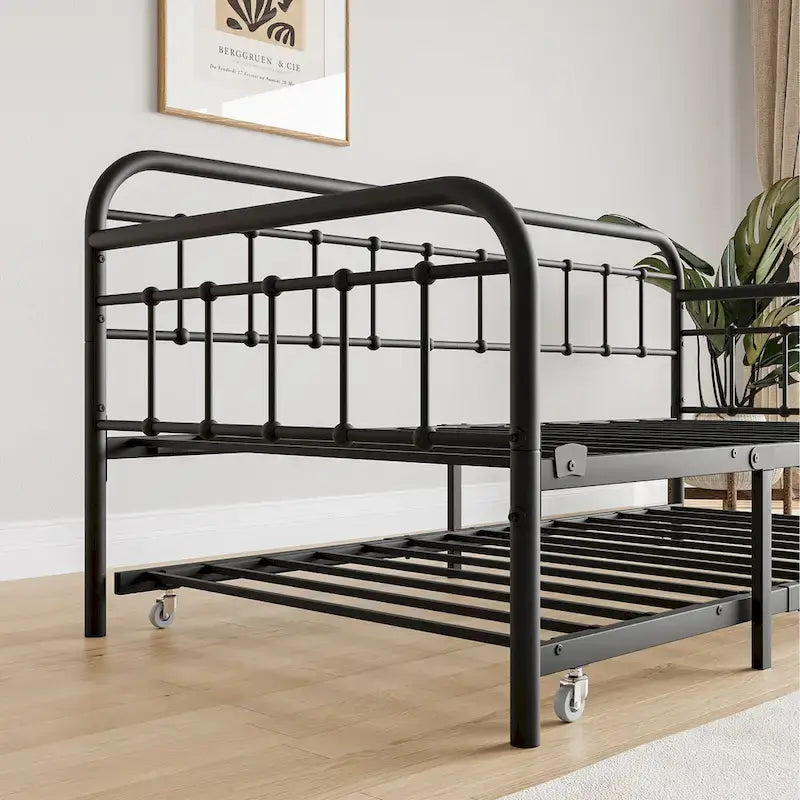 Lit de repos en métal noir avec lit gigogne escamotable et support à lattes en acier