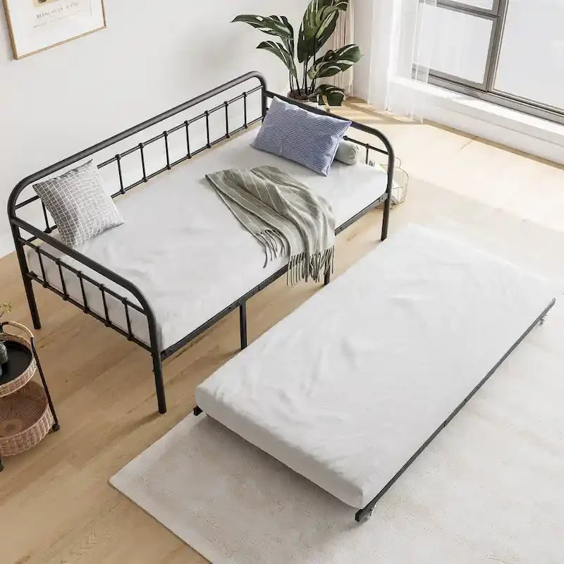 Lit de repos en métal noir avec lit gigogne escamotable et support à lattes en acier