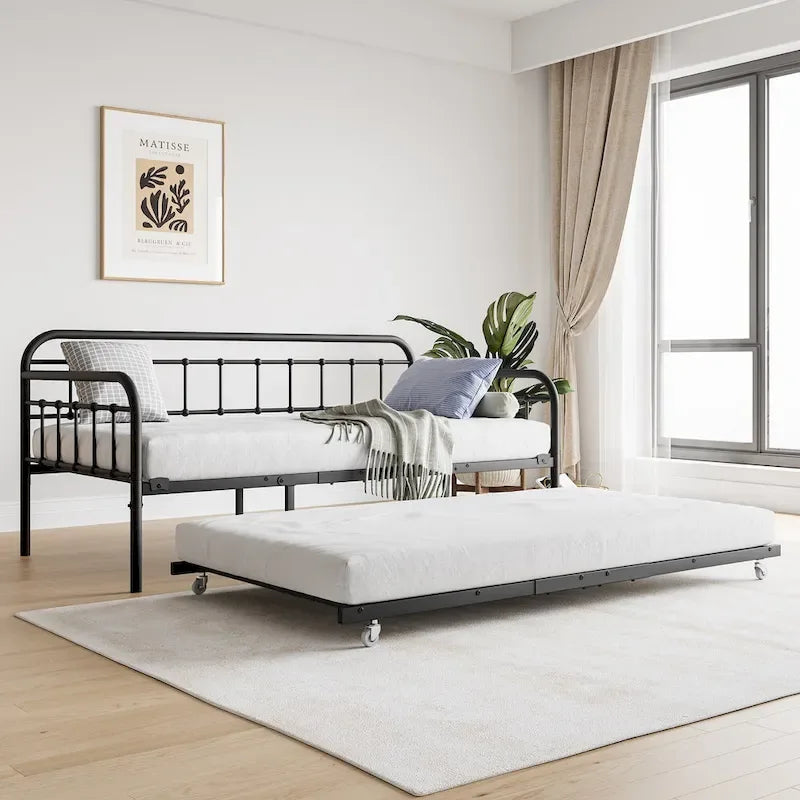 Lit de repos en métal noir avec lit gigogne escamotable et support à lattes en acier