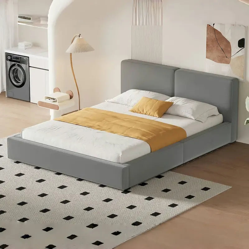 Gray Queen Size Upholstered Bed with Velvet Fabric