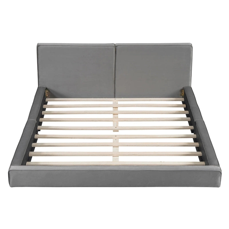 Lit queen-size plateforme en velours gris avec tête de lit rembourrée et profil bas