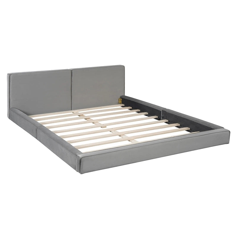 Lit queen-size plateforme en velours gris avec tête de lit rembourrée et profil bas