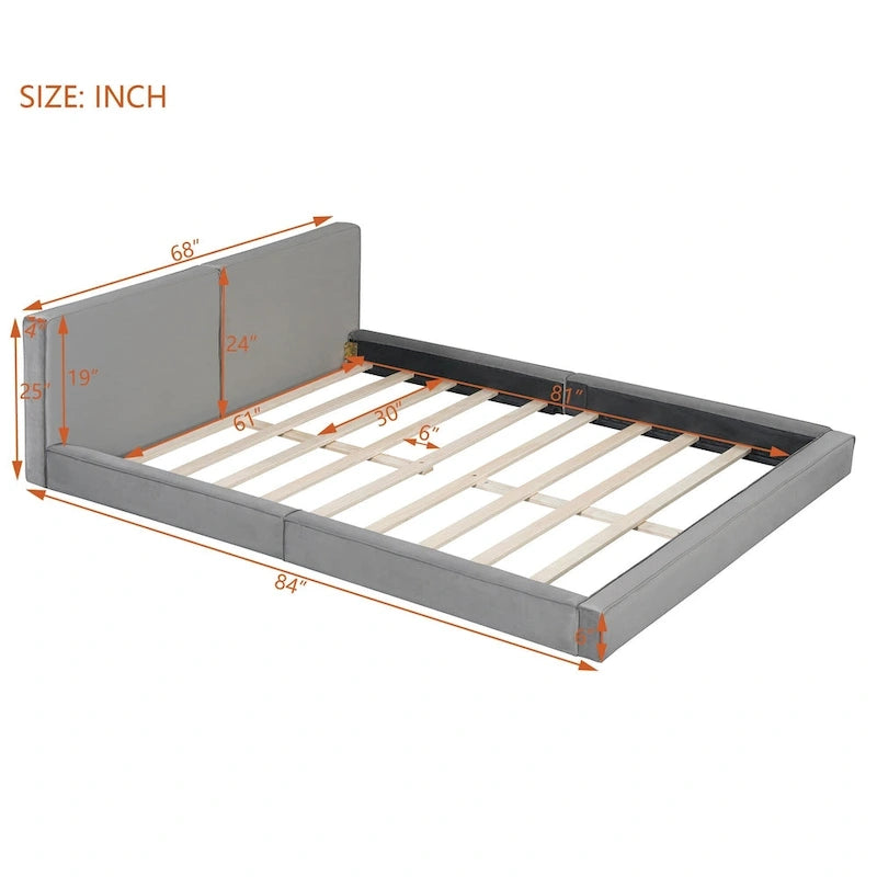 Lit queen-size plateforme en velours gris avec tête de lit rembourrée et profil bas