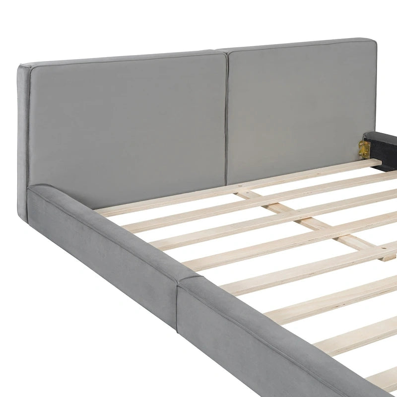 Lit queen-size plateforme en velours gris avec tête de lit rembourrée et profil bas